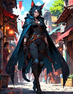 Meet Blink, a lithe 20-year-old tabaxi with striking dark blue and white fur, ice-blue eyes, and a proud fluffy tail. Draped in a dark blue oilskin cape and 3/4 length britches, she stands poised in a bustling market square, ready to pounce on her next target.