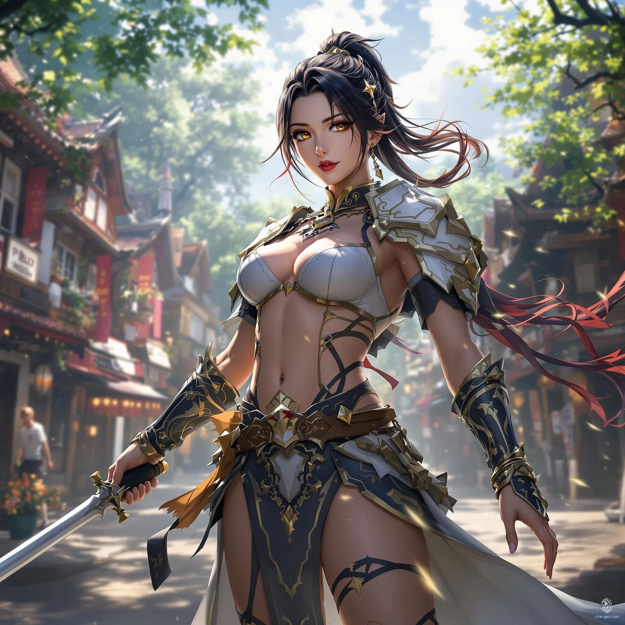 A highly detailed, full-body anime character set in a medieval fantasy city, rendered in ultra-realistic 4K HDR digital art. Featuring perfect anatomy and dynamic pose, this cinematic key frame captures vibrant skin textures and depth, blending anime stylization with lifelike realism.
