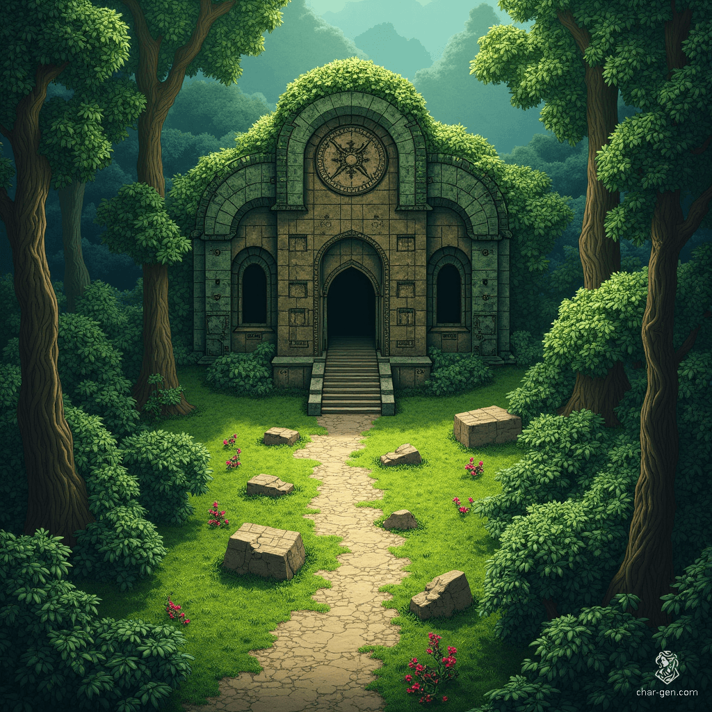 Deep within a vibrant, sprawling jungle lies an ancient stone temple, overgrown with twisting vines and shrouded in mystery. A faint, winding path leads adventurers to its massive, weathered doors. Beware: hidden traps guard secret treasures, and the whispers of jungle spirits echo among the trees, hinting at forgotten lore.
