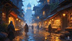 In Westcrown, a light drizzle shrouds narrow cobblestone streets, where townsfolk, cloaked against the rain, navigate the fog. Water cascades from ornate wrought iron balconies, and faded stone facades melt into a mystical mist, creating an enchanting tapestry of forgotten tales and whispered secrets.