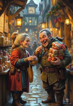 In a vibrant medieval marketplace, a half-elf woman in a striking crimson cloak haggles over trinkets, clutching a bag of coins. Beside her, a human man juggles wrapped gifts, as snowflakes dance through warm golden lantern light, enveloping the scene in festive warmth.
