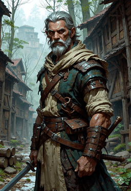 Tancrede, a rugged 55-year-old human fighter, embodies resilience and strength. Once captain of the Citadel guard, his keen eye and mastery of diverse weapons reflect his ranger and rogue skills. Haunted by a tragic past, he fiercely protects nature while seeking vengeance against the dragon that stole his former life.