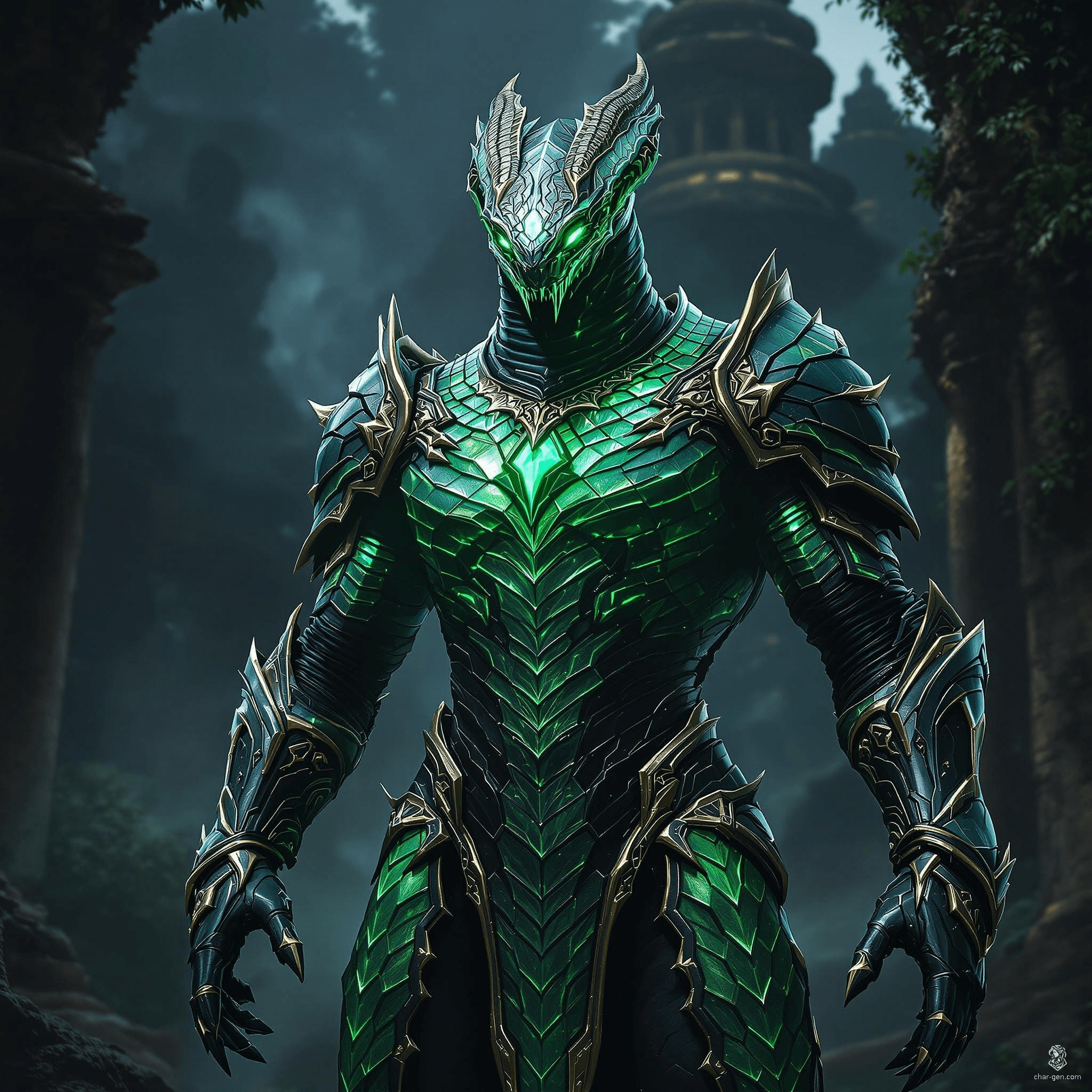 The Snake Lord Armor is a legendary suit exuding an ancient, serpentine power. Crafted with emerald and obsidian scales, its sleek form mimics a living serpent. With venomous magic coursing through its design, this armor grants unparalleled agility and stealth, allowing its wearer to move unseen through shadows and strike with lethal precision.