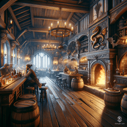 The Drunken Dragon Inn, a legendary haven, features five captivating rooms: a bustling common area with a roaring hearth, a cozy taproom, a well-stocked kitchen, a secretive storage room behind a hidden door, and a guarded cellar filled with arcane artifacts and perilous traps, where adventure and danger eagerly await.