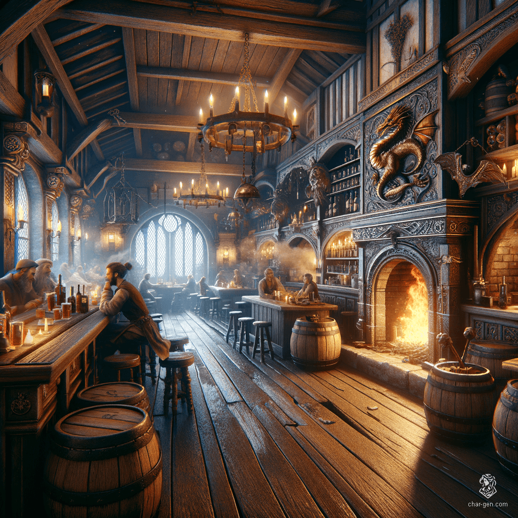 The Drunken Dragon Inn, a legendary haven, features five captivating rooms: a bustling common area with a roaring hearth, a cozy taproom, a well-stocked kitchen, a secretive storage room behind a hidden door, and a guarded cellar filled with arcane artifacts and perilous traps, where adventure and danger eagerly await.