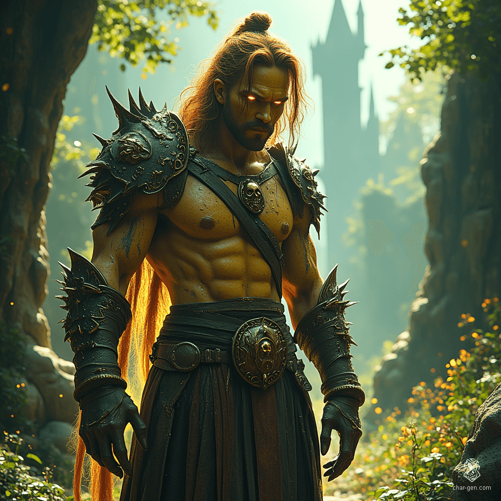 A tall, gaunt githyanki barbarian, this wild and rugged warrior boasts rough, dirty yellow skin and a Voldemort-like skull nose. His russet hair is tied in a topknot, embodying a fierce spirit and a fierce connection to his brutal, nomadic heritage.