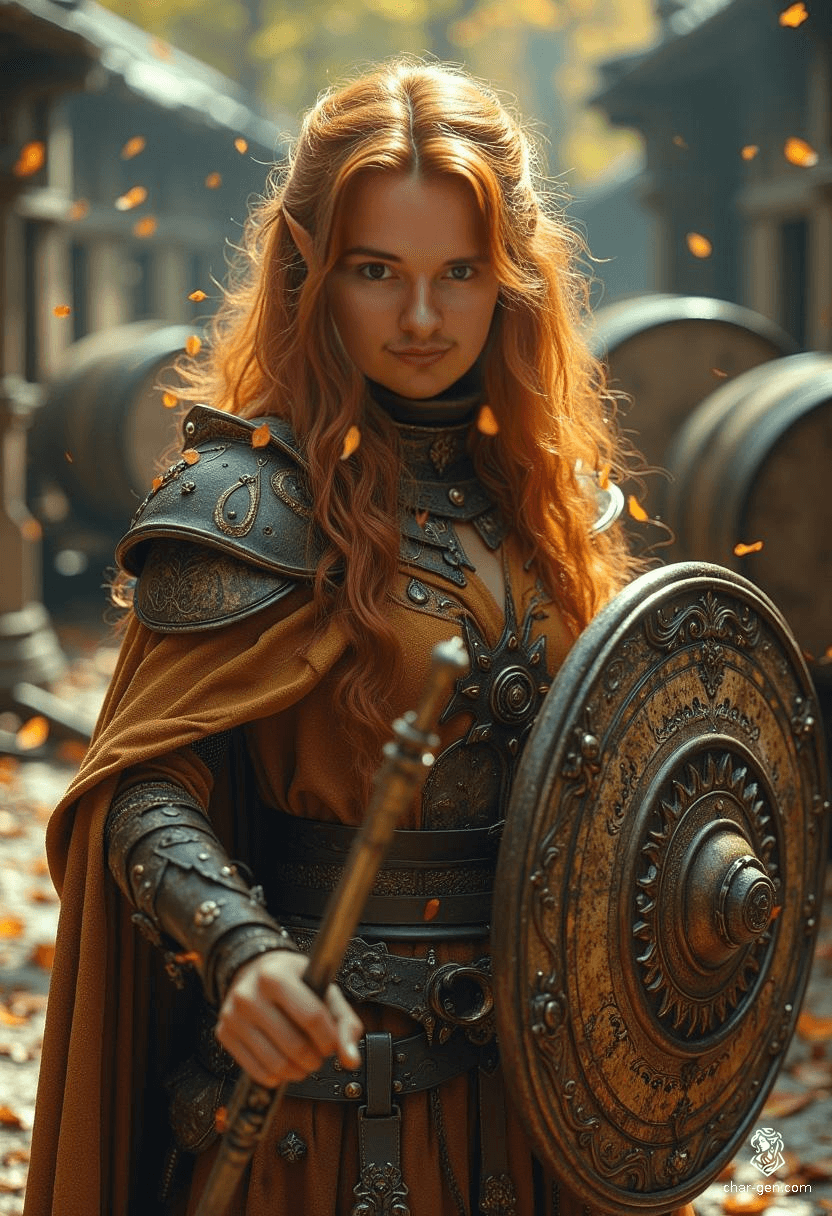 Verity, a 140-year-old Autumn Elf cleric, embodies a fierce yet serene warrior spirit. Clad in intricate armor with earthy tones and auburn hair adorned with autumn leaves, they wield a rapier and a broad shield, ready for battle. Their golden skin and azure eyes radiate wisdom and strength, guided by a chaotic independence.