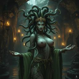 Euryale, a deathly beautiful Medusa Queen, embodies allure and decay. Draped in flowing moss robes and a sinister bone crown, her serpentine hair sways like a hypnotic serpent. With Vecna's hand gripping her arm, her stony gaze enchants and ensnares, revealing a curvy figure that mesmerizes all who dare look.