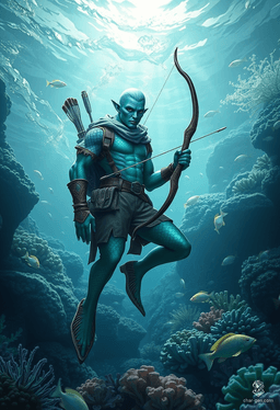 Elyndor, the triton ranger, blends seamlessly into the forest and mountain landscapes with his striking green skin and aquatic features. Equipped with bow and spear, he skillfully tracks prey, his fish-like lower half allowing swift movement through both water and land as he hunts in harmony with nature.