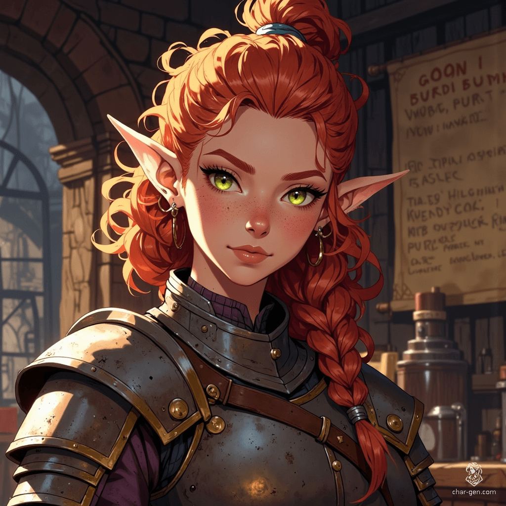 A spirited young female dwarf, with long curly red hair tied in a messy ponytail and freckles adorning her porcelain skin, proudly works in her blacksmith shop. Clad in battle-worn plate armor, her vibrant green eyes shine through the warm morning light, capturing her strength and determination in a lively fantasy world.