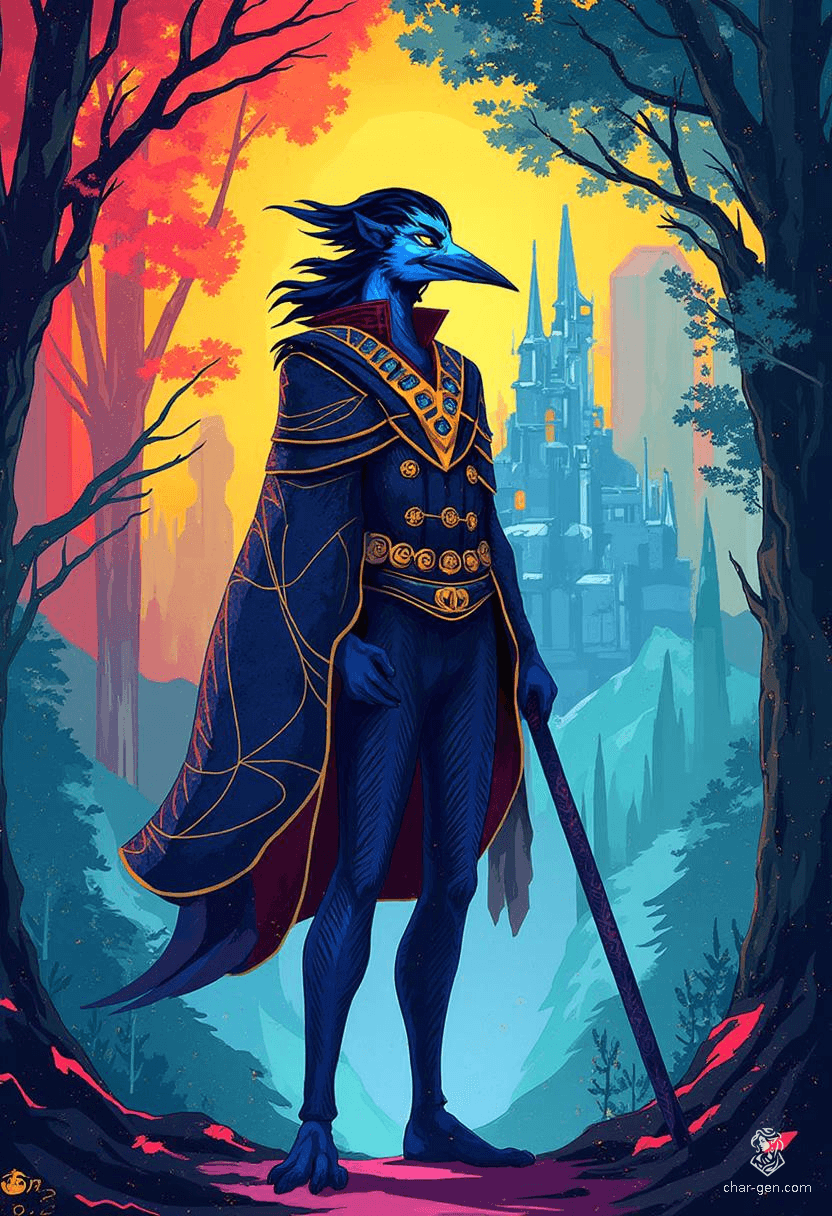 Krackle Brightbeak is a 20-year-old, blue-skinned kenku sorcerer with a raven-like head and wings. A charming and intelligent criminal, he wields an enchanted quarterstaff and wears a mesmerizing, shifting cloak that enhances his unpredictable magic, all while exuding a powerful aura of mystery.