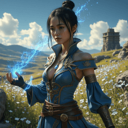 Jouli is a striking investigator mage of East Asian ancestry, standing 5'4" with a lithe frame and vibrant, glowing blue eyes. In intricately embossed leather armor, she channels her magic while tracing a large rune, her pale skin shimmering in the sunlight as she defends against impending danger. A middle-aged beauty, she expertly balances her roles as a protector and librarian among ancient texts.