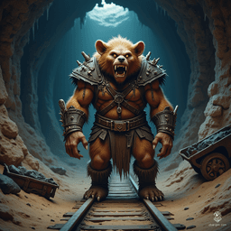 A hulking bugbear barbarian, he epitomizes wild strength with his fur-covered body, sharp fangs, and formidable claws. His piercing eyes and tufted ears hint at a primal intelligence, while a bear-like nose marks him as a fierce guardian of the untamed wilderness.