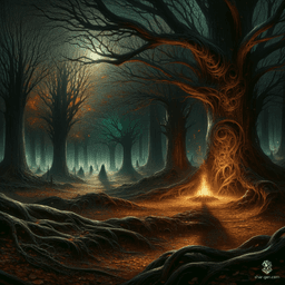 Amidst the muted whispers of a twilight fall forest, intricate shadows dance beneath somber, gnarled trees. An eerie campfire illuminates spectral figures, their forms silhouetted against the dark, textured landscape, casting an ominous glow into the fathomless night.