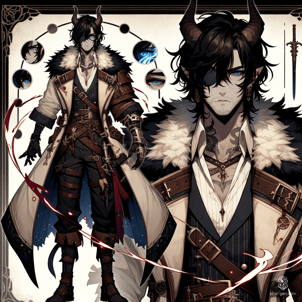 In a dark, gothic city, a battle-hardened Tiefling blood hunter looms with deep red skin and striking blue eyes. Rugged and scarred, he wears a vampire hunter outfit adorned with owl-like hues. His twin swords shimmer with red energy, embodying his lethal prowess and serious demeanor.