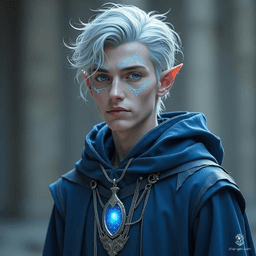 Vollaron is a frail high-elf with angular features, pale skin, and tousled silver-gray hair. His piercing blue eyes and glowing arcane markings hint at his mastery of chronomancy. Clad in oversized blue and silver robes, he possesses an ethereal presence, exuding mystery and magical power.