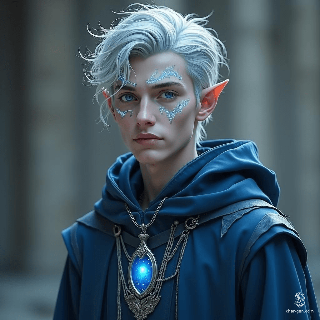 Vollaron is a frail high-elf with angular features, pale skin, and tousled silver-gray hair. His piercing blue eyes and glowing arcane markings hint at his mastery of chronomancy. Clad in oversized blue and silver robes, he possesses an ethereal presence, exuding mystery and magical power.