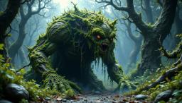 The Shambling Mound is a chaotic, animated heap of vegetation, its mossy skin texture bursting with dynamic splatters and drips of paint reminiscent of Jackson Pollock. This creature exudes raw, vibrant energy, embodying controlled chaos with its harmonious yet tumultuous layers, inviting viewers to explore its wild essence.
