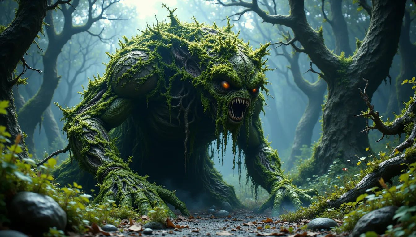 The Shambling Mound is a chaotic, animated heap of vegetation, its mossy skin texture bursting with dynamic splatters and drips of paint reminiscent of Jackson Pollock. This creature exudes raw, vibrant energy, embodying controlled chaos with its harmonious yet tumultuous layers, inviting viewers to explore its wild essence.