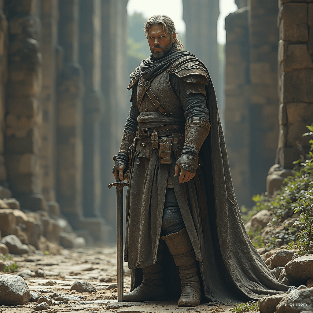 Tancrede, a weathered 55-year-old human warrior, blends the skills of a fighter, ranger, and rogue. With a shortsword in hand and a keen eye for nature, he embodies resilience and intelligence. Haunted by past tragedies, he tracks dragons while uncovering the truth behind a young hero's legacy.