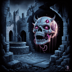 The Horrid Demilich is a small, floating skull with glowing gemstone eyes, draped in an aura of arcane energy. Its drooling maw and pale, lifeless skin create a haunting contrast, striking fear into the hearts of adventurers who dare to approach.