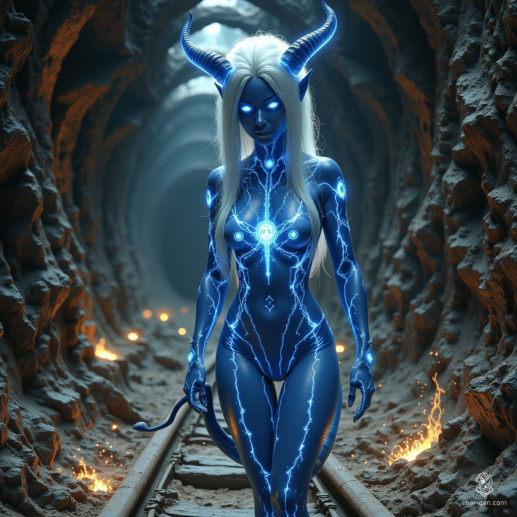This curvy female tiefling warlock exudes an enchanting aura of magic, adorned with glowing arcane sigils. Her bright white hair is shaved on the sides, framing her joyful face. With distinct blue skin and devilish horns, she embodies both charm and mystique, her long tail swaying gracefully behind her.