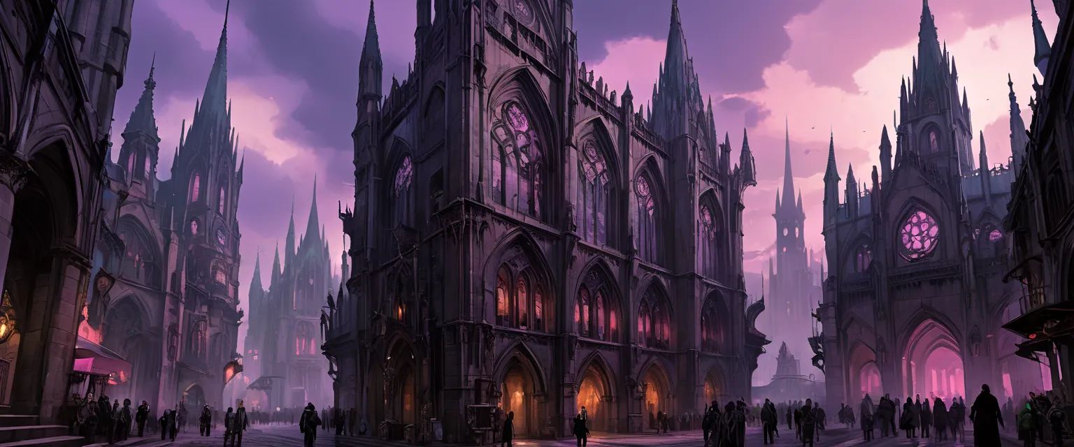 Ravnica pulses with a haunting beauty, where shadows dance beneath towering spires of gothic stonework. A sprawling cityscape melds opulent guild halls with crumbling slums, all under a twilight sky awash in mystical hues. Beneath, dark subterranean oceans shimmer ominously, echoing the secrets of this vibrant, polluted realm.