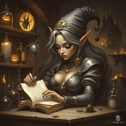 Maryam is a charming, older elf apothecary witch with tanned skin and gleaming topaz eyes. Sporting tea-colored hair with grey streaks and a small pointed hat, she exudes warmth and competence. Engrossed in her tome of witchcraft, her graceful hands delicately navigate potions and herbs in her cozy, mystical lab.