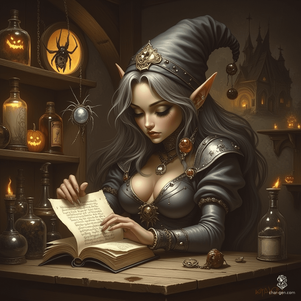 Maryam is a charming, older elf apothecary witch with tanned skin and gleaming topaz eyes. Sporting tea-colored hair with grey streaks and a small pointed hat, she exudes warmth and competence. Engrossed in her tome of witchcraft, her graceful hands delicately navigate potions and herbs in her cozy, mystical lab.
