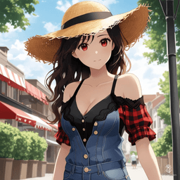 A captivating figure, she combines rustic charm with urban chic, standing confidently in a barn doorway. With her flirtatious straw hat, revealing blouse, and dust-coated high-heeled boots, she exudes both sensuality and strength amidst a picturesque farm setting.