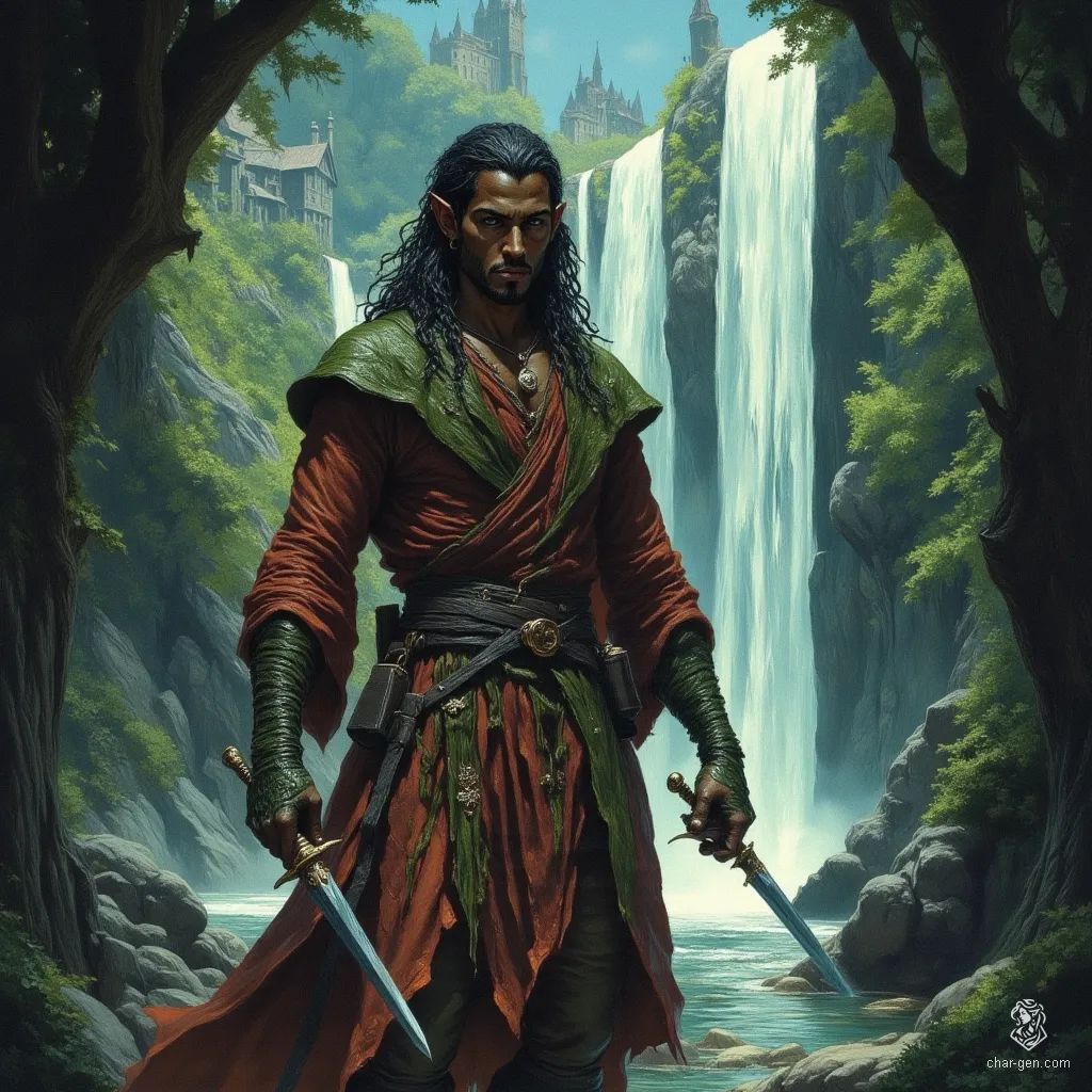 Palon, the wood elf monk of the Way of Elements, stands poised before a majestic waterfall. His darkly tanned skin and flowing forest-colored robes blend harmoniously with nature. With emerald green eyes radiating wisdom, he wields twin daggers in a graceful, dance-like combat stance, embodying serenity in every movement.