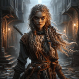 Meet a cunning young rogue, a resourceful female thief with long, dirty blonde hair woven into a messy braid. Dressed in dark, tattered clothes, her light-footed stance allows her to navigate the shadows effortlessly, embodying the spirit of survival in a harsh world.