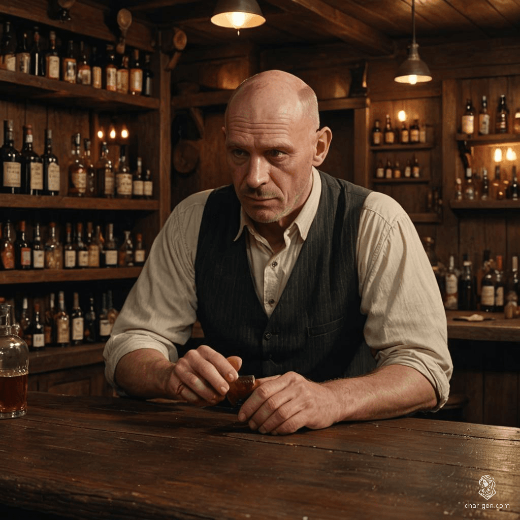 A pale-skinned, balding redhead, this old, portly bartender tirelessly wipes down counters among barrels and bottles. His human features radiate resilience as he serves drinks to lively patrons, embodying the essence of a seasoned tavern keeper.