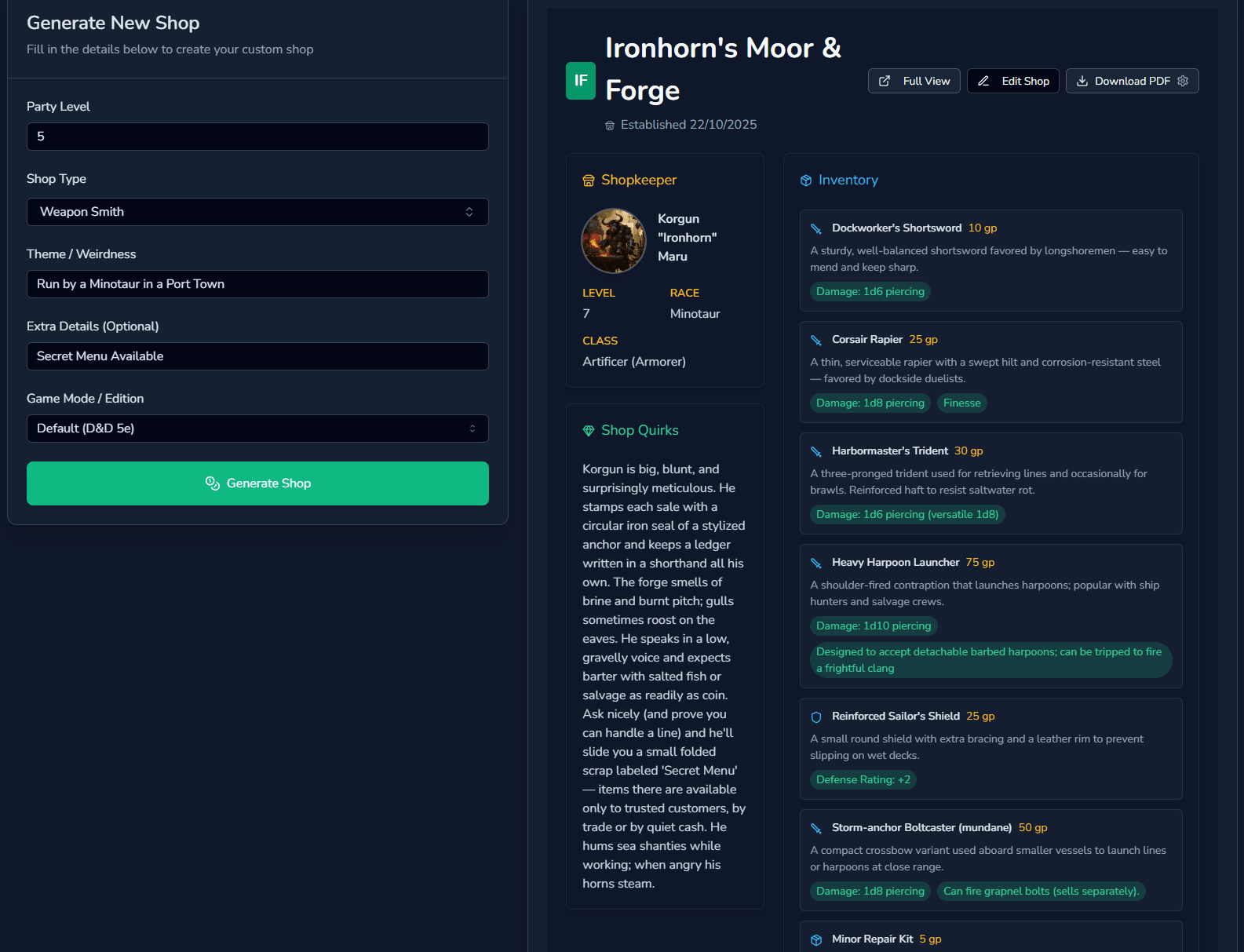 CharGen shop generator showing party-level scaling and shopkeeper personality generation