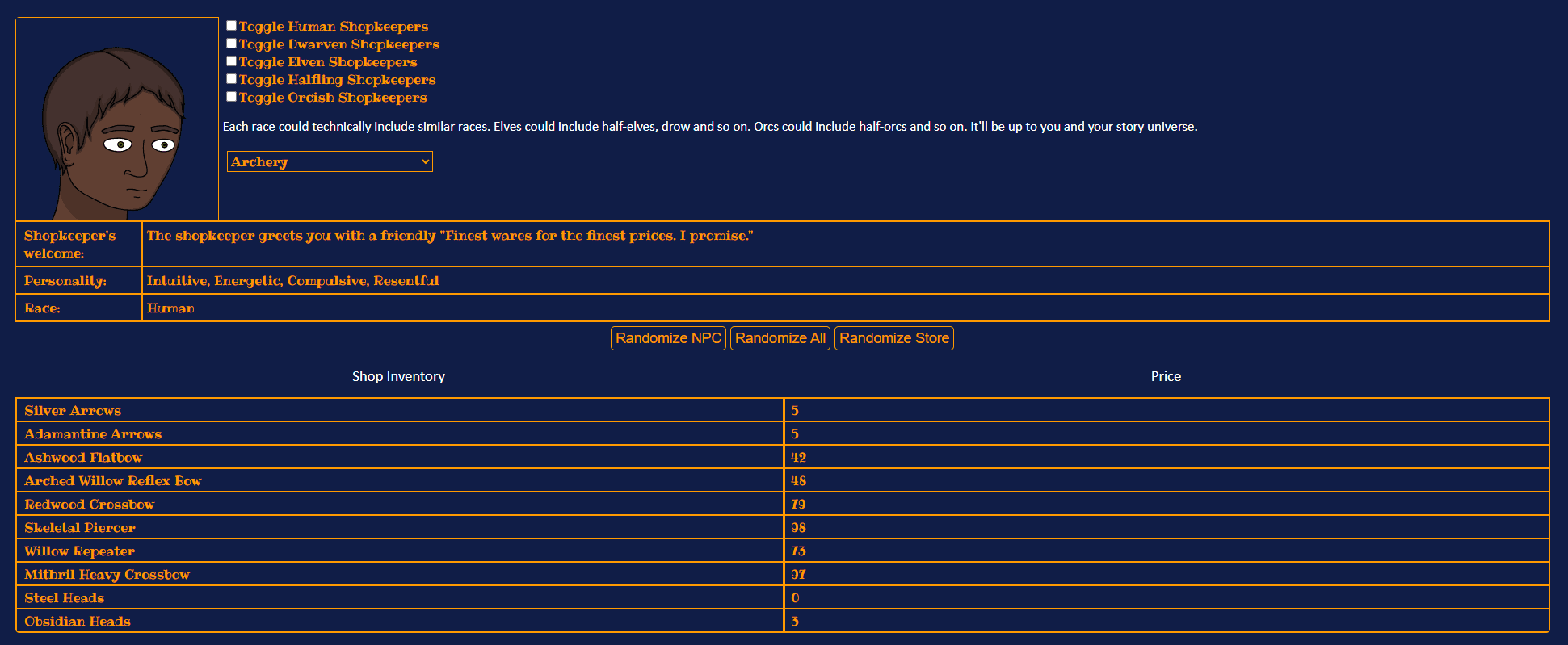 Roll For Fantasy's customization options showing simple toggles and sliders for shop generation