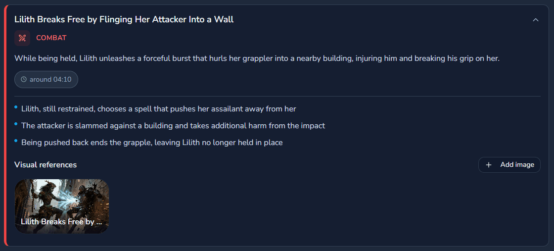 Automated RPG Session Summary view showing Key Events