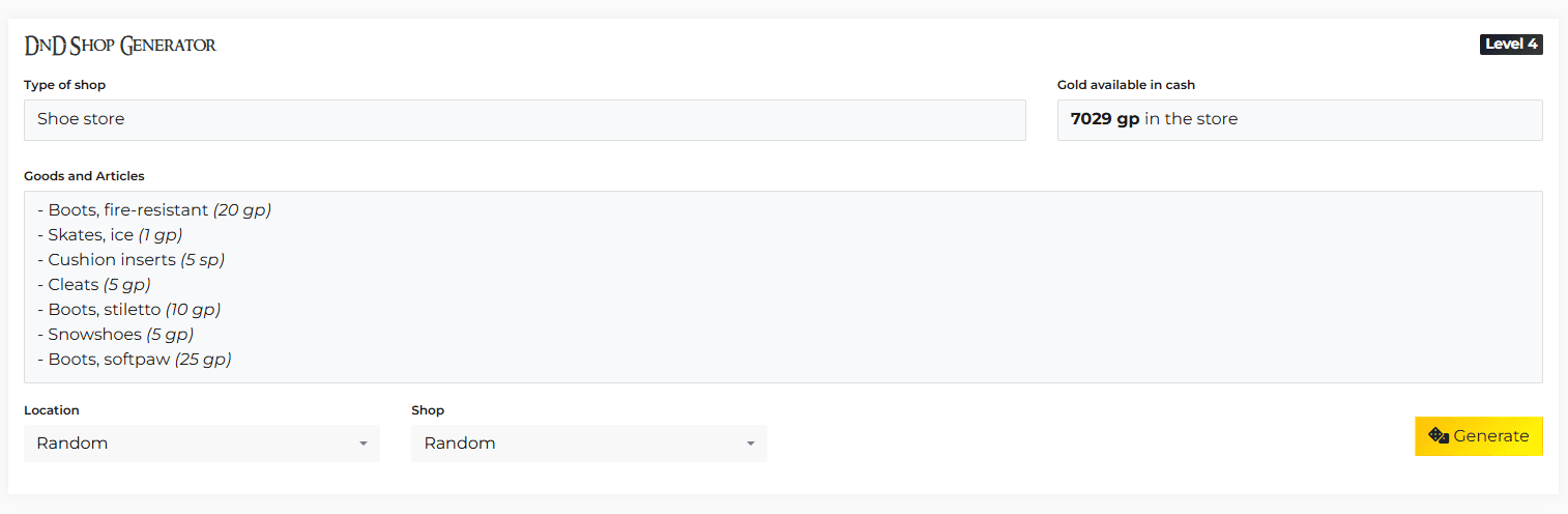 Rolegenerator.com showing different shops scaled to village and metropolis settlement sizes