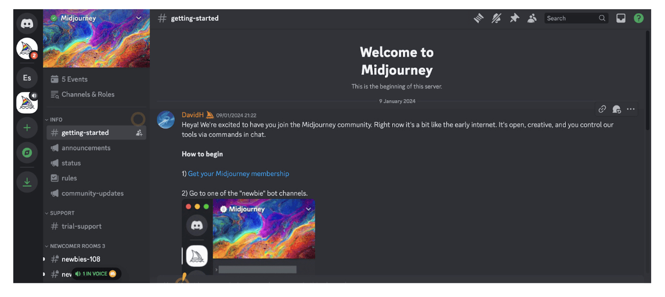 Midjourney Discord interface showing image generation commands and gallery