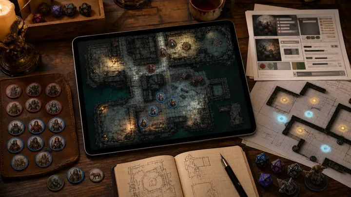The map in a virtual tabletop with tokens on it