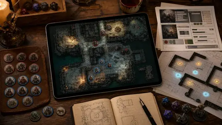 The map in a virtual tabletop with tokens on it