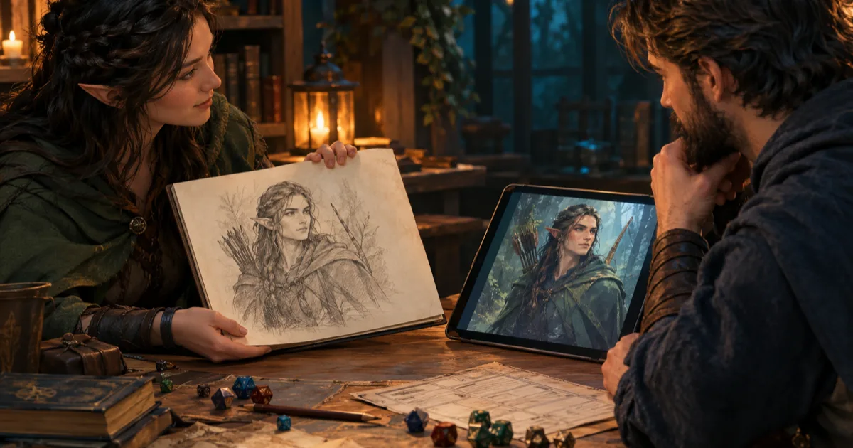 A D&D player and DM discuss a hand-drawn character portrait beside a separate AI portrait draft
