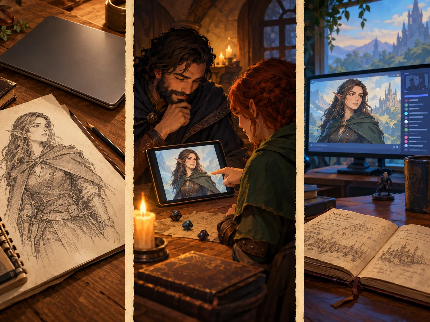 Three distinct choices for a D&D character image: upload a drawing, show a portrait to the group, or share it with a wider audience