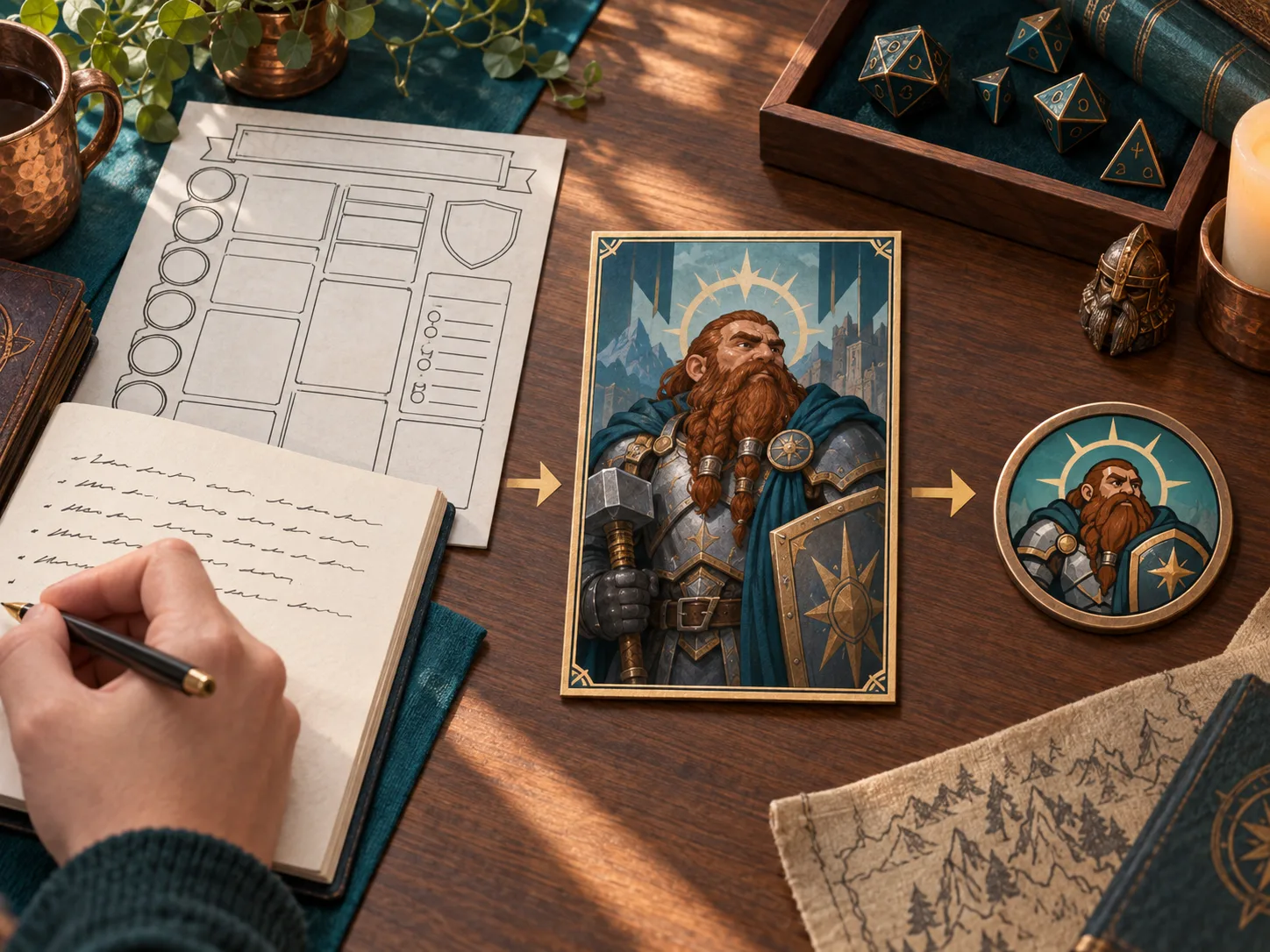 A player uses a character sheet and written description to create a portrait and matching D&D token without uploading the original drawing