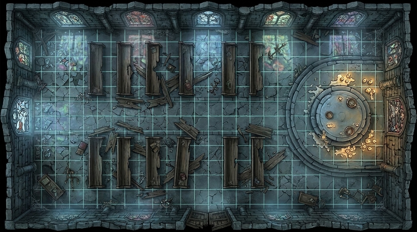 Top-down ruined chapel battlemap with readable lanes, broken pews, and a ritual platform suited to a D&D boss fight