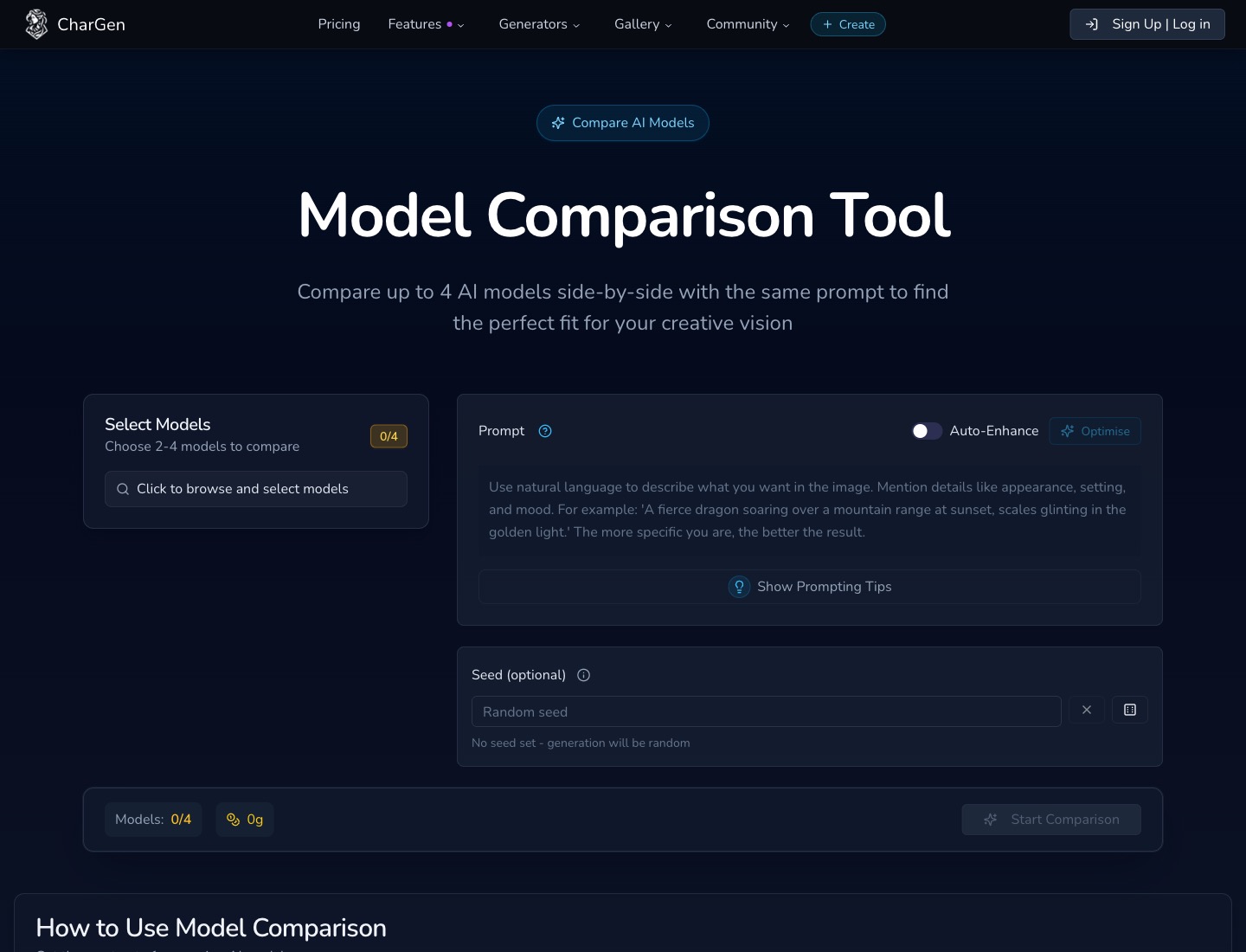 CharGen model comparison interface used to test the same fantasy prompt across multiple image models before committing to a battlemap style