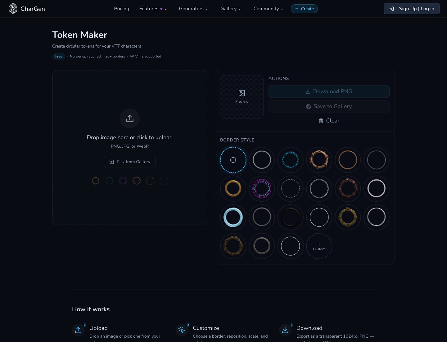 CharGen token maker interface showing upload, border style selection, and direct PNG export for Roll20 or Foundry VTT tokens