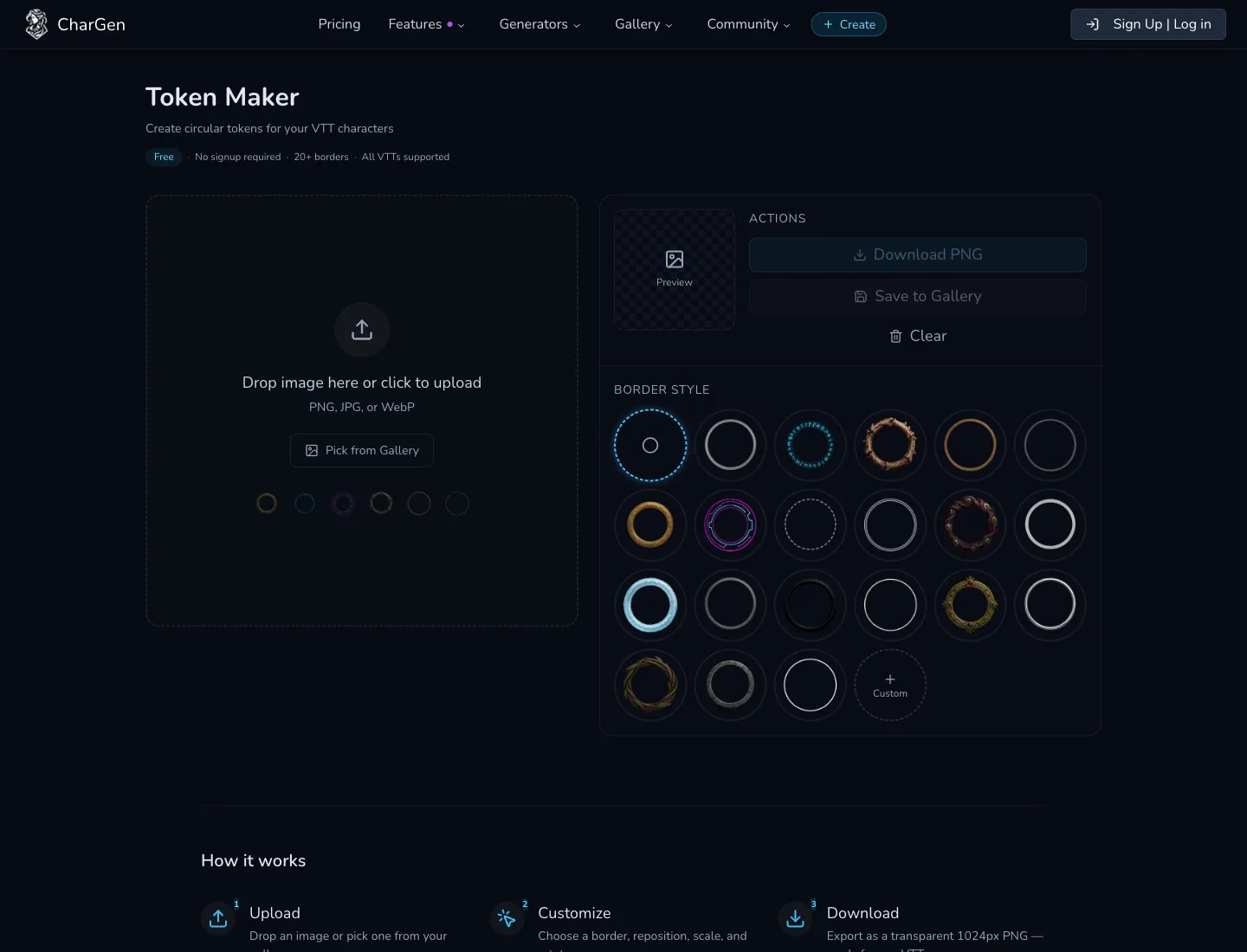 CharGen token maker interface showing upload, border style selection, and direct PNG export for Roll20 or Foundry VTT tokens