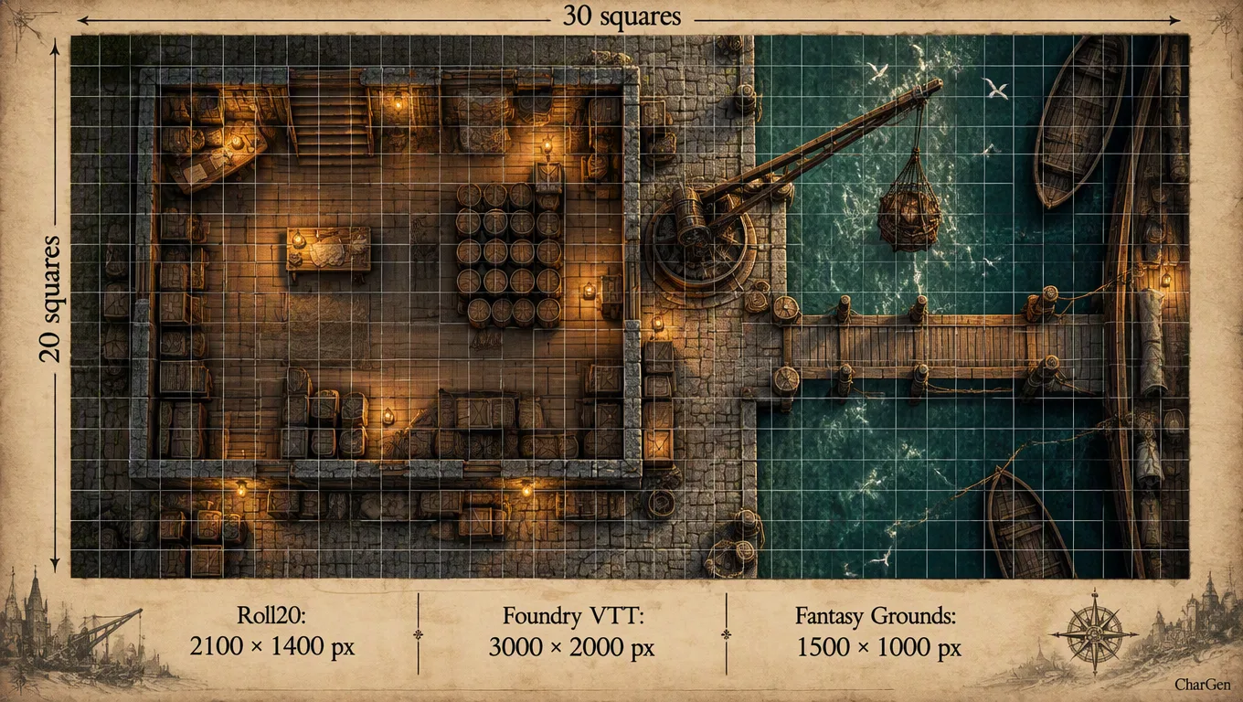A 30 by 20 square riverside warehouse battlemap with export sizes for Roll20, Foundry VTT and Fantasy Grounds listed underneath