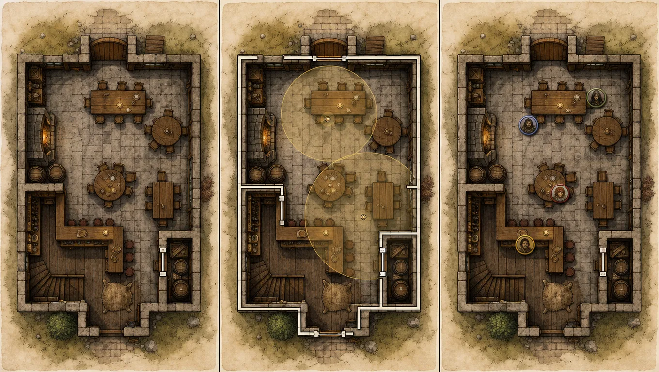 Three views of one tavern map, showing the background artwork, separate wall and light data, and player tokens