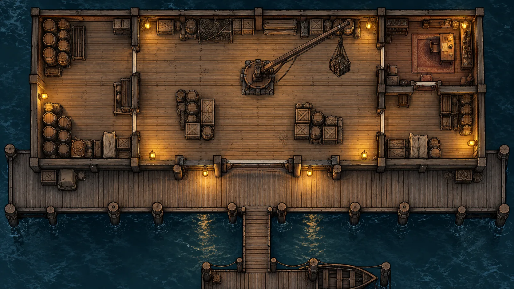 Top-down warehouse battlemap with a central loading floor, side rooms, a dock and a narrow bridge over dark water